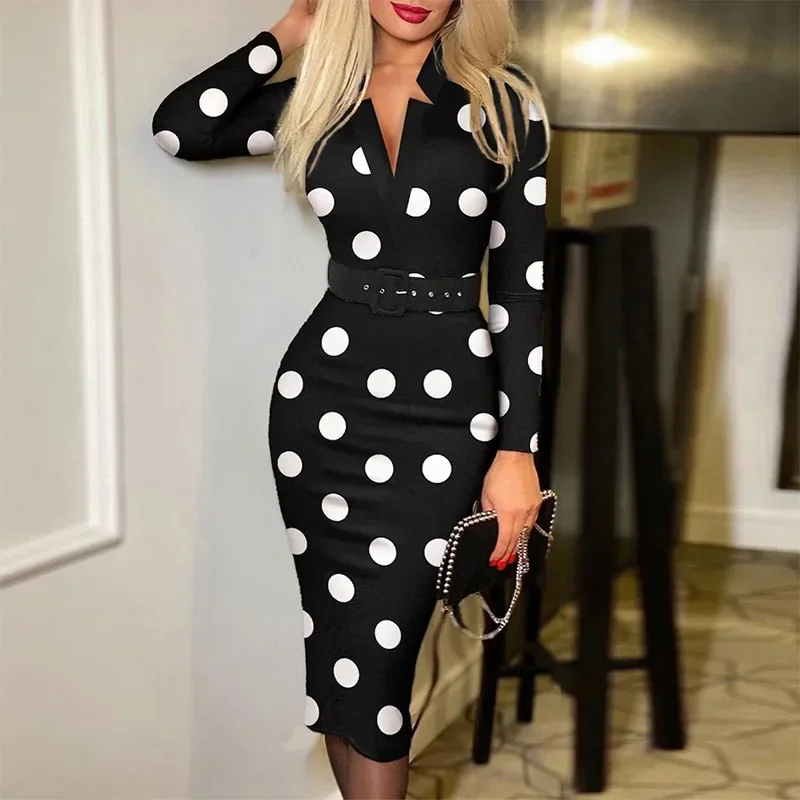 Top Trends: Wepbel Sheath Dress Women Sexy Slim Office Long Sleeve V-neck High Waist Dress With Belt Printed Plaid Lady Bodycon Midi Dress Shoppable Styles