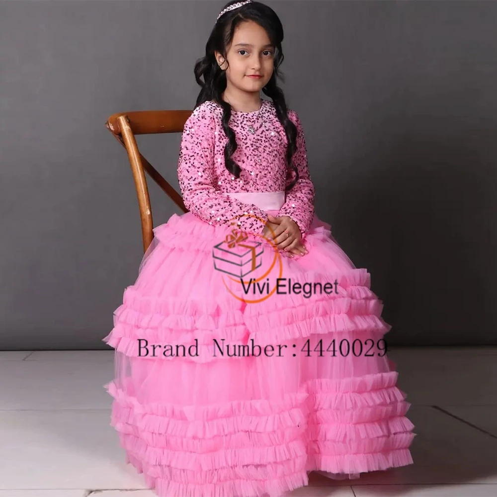 Top Trends: Scoop Pink Flower Girls Dresses For Girls Full Sleeve Detachable Train Christmas Gowns With Sequined Soft Tulle 2023 New فلور فت Shoppable Styles