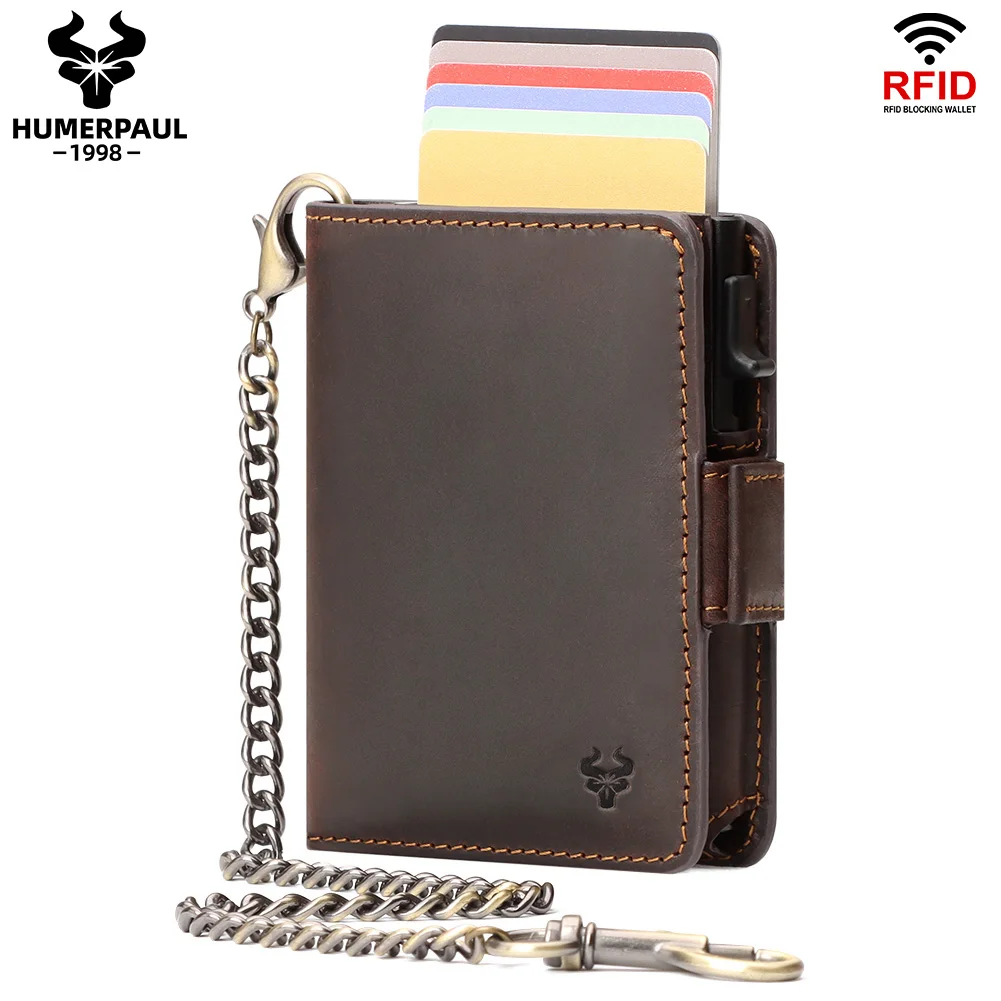 Top Trends: Metal Smart Wallet Men Crazy Horse Leather Protect RFID Pop-up Automatic Card Holder Slim Credential Card Case With Iron Chain Shoppable Styles