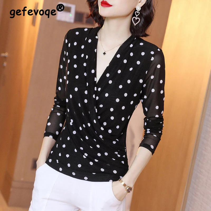 Top Trends: Elegant Polka Dots Mesh Office Ladies Basic Tops Women Spring Summer V-neck Long Sleeve All-match Slim Temperament Blouse Shirts Shoppable Styles