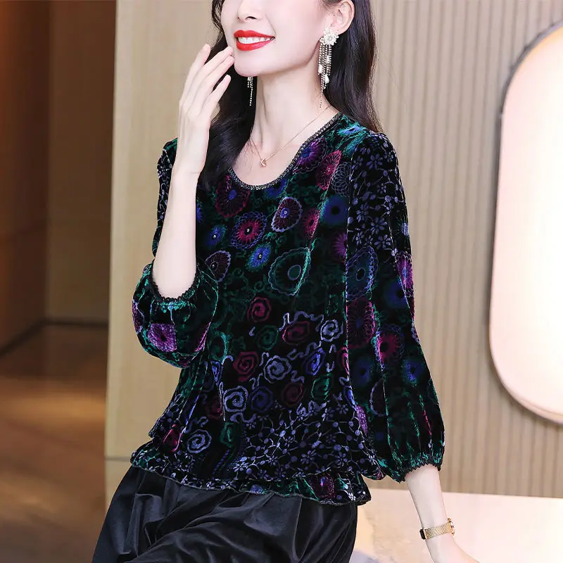 Top Trends: Velvet Vintage Printed Shirt Female Clothing Elegant Folds Autumn Casual Nine Quarter Sleeve Stylish Loose Commute O-Neck Blouse Shoppable Styles - Image 3