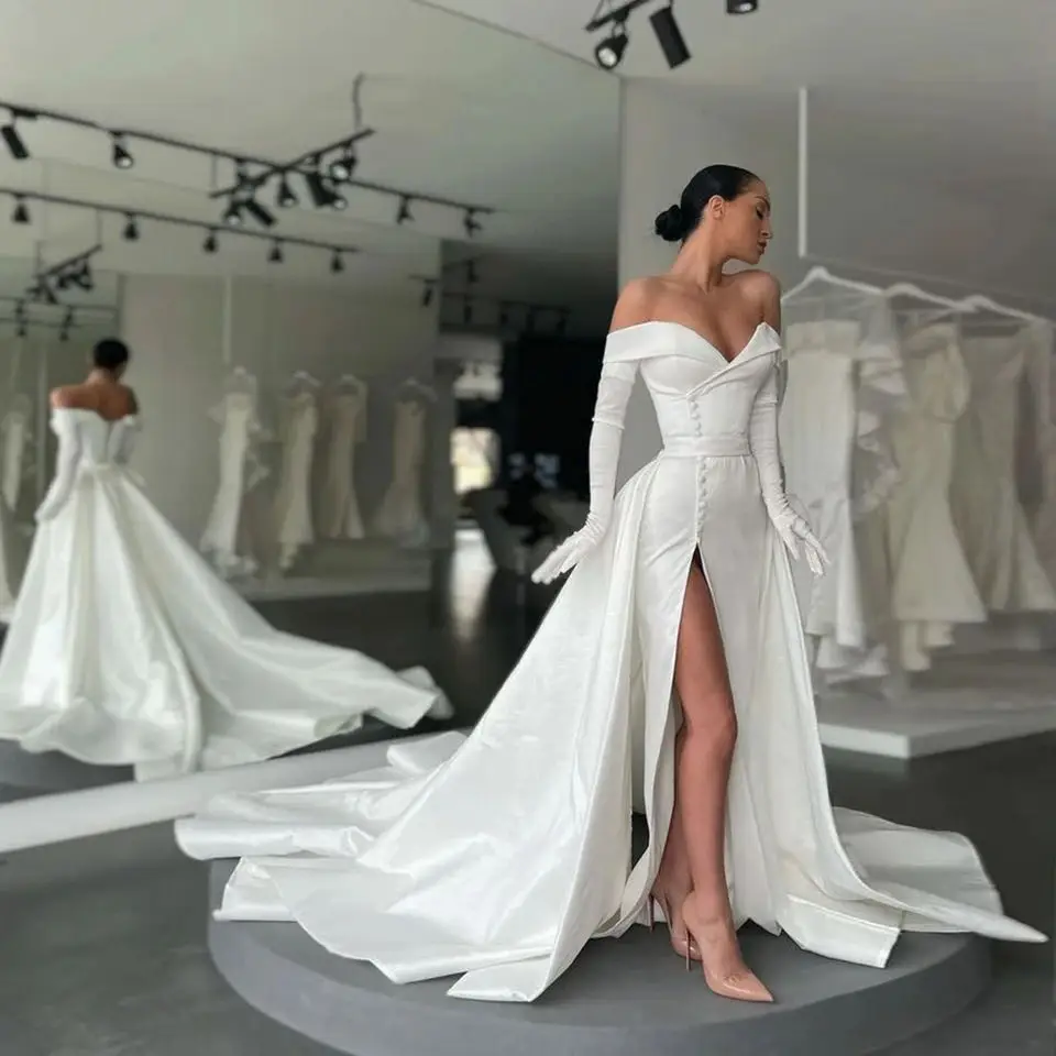 Top Trends: Custom Made White Ivory Satin Long Wedding Dresses With Detachable Train Off Shoulder High Slit Buttons Gloves Evening Gowns Shoppable Styles