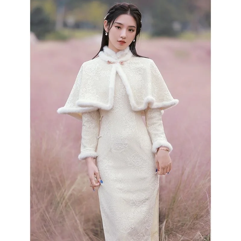 Top Trends: Autumn Winter Thicken Warm Women Shawl+ qipao Two-piece Chinese Dress Traditional Retro Vestido Chino Elegant Improve Cheongsam Shoppable Styles