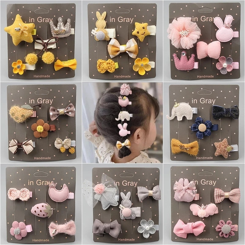 Top Trends: 5Pcs / Set Ribbon Bowknot Flower Hair Clips For Baby Girls Cute Sweet Cartoon Animal Handmade Bows Crown Hairpin Kids Headwear Shoppable Styles