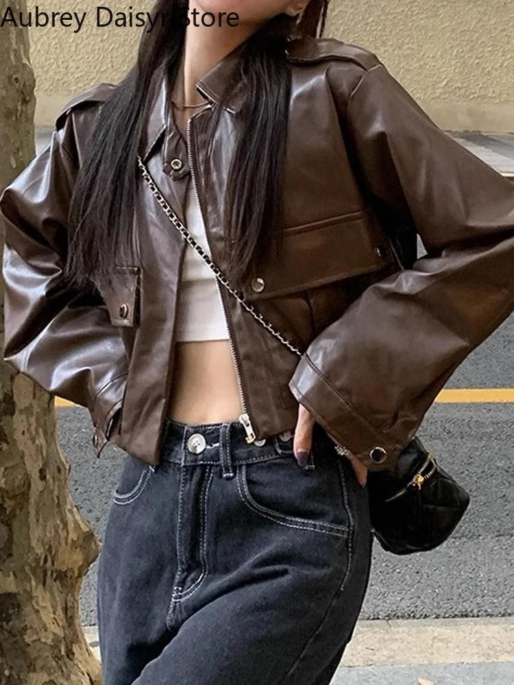 Top Trends: Brown Cropped Leather Jacket Women Streetwear Moto Biker Zipper Leather Jacket Winter Punk Vintage Casual Blazer Leather Coat Shoppable Styles