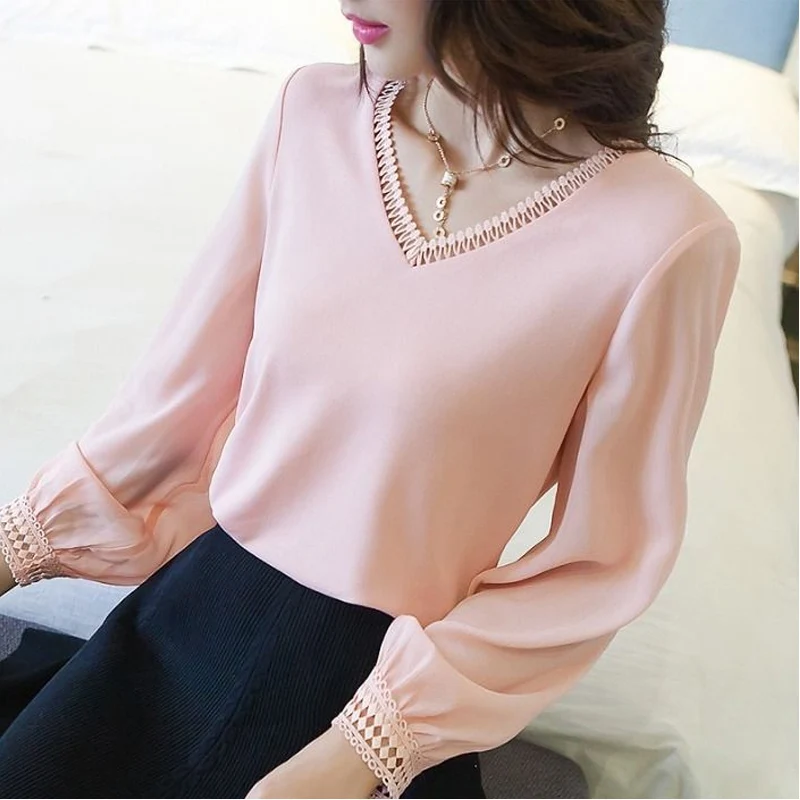 Top Trends: Spring New Lace Patchwork Blouse Long Sleeve V Neck Solid Color Loose All-match Shirt Tops Elegant Fashion Women Clothing Shoppable Styles