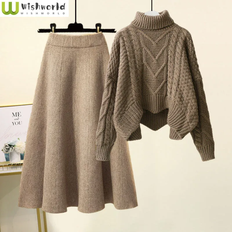 Top Trends: Autumn And Winter Set Women&#039;s 2023 New Korean Version Loose Fit Plush High Neck Knit Shirt Fashion Half Skirt Two Piece Set Shoppable Styles