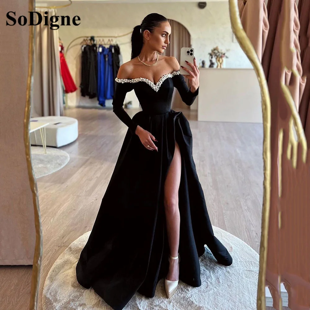 Top Trends: SoDigne Elegant Black Evening Dresses Off The Shoulder Long Sleeves Split Pearl Women Prom Dress Formal Gowns Robes De Soirée Shoppable Styles