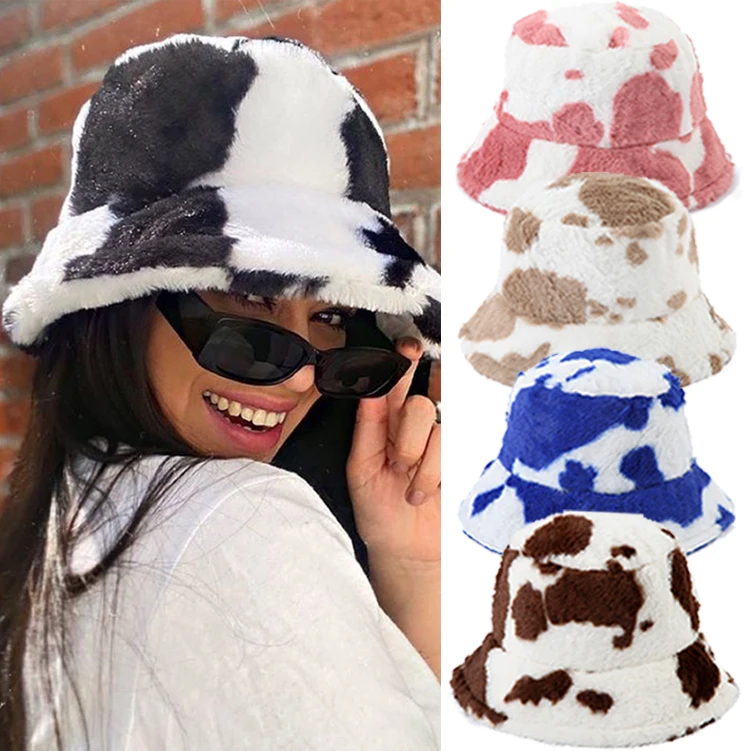 Top Trends: Women Cow Print Plush Bucket Hats Winter Outdoor Keep Warm Hat Trendy Ear Protection Fisherman Cap Soft Velvet Furry Panama Caps Shoppable Styles