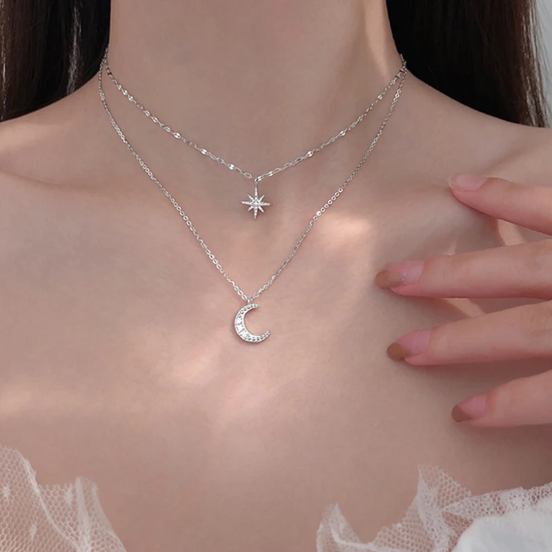 Top Trends: Fashion Simple Double Layer Star Moon Charm Necklace Delicate Clavicle Chain Zircon Necklace For Women Jewelry Shoppable Styles