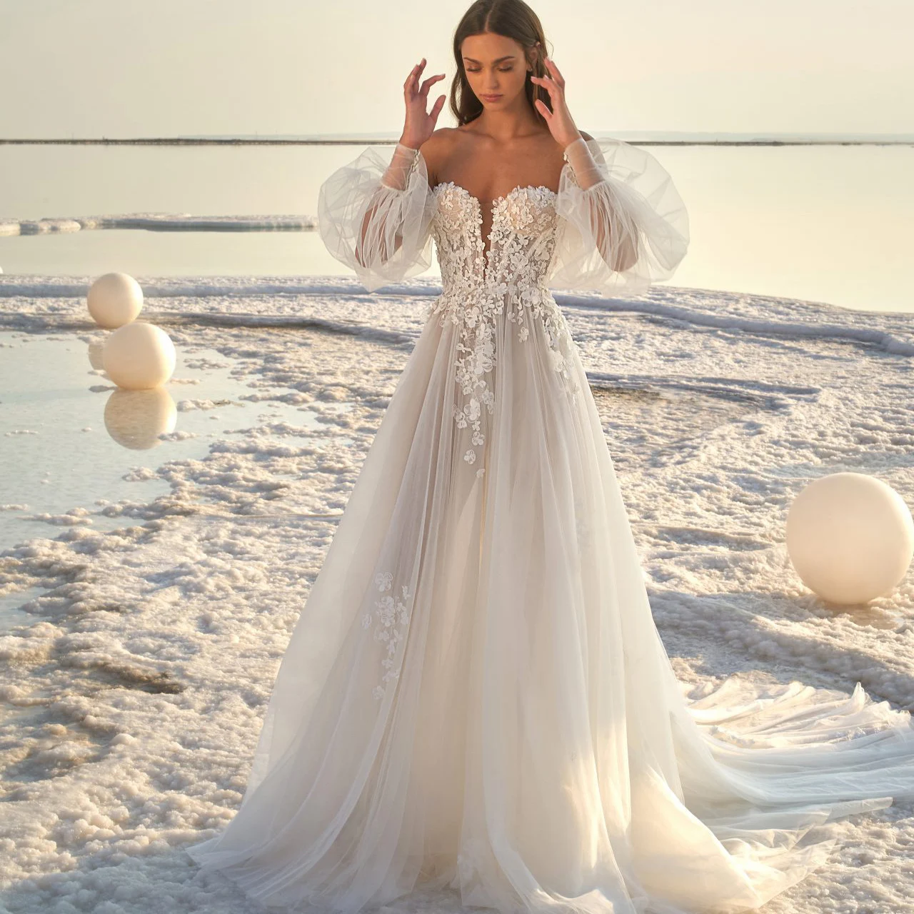 Top Trends: TIXLEAR Full Puff Sleeve Beach Wedding Dress For Women Off The Shoulder Princess Tulle Appliques Lace Court Train Bride Gown Shoppable Styles