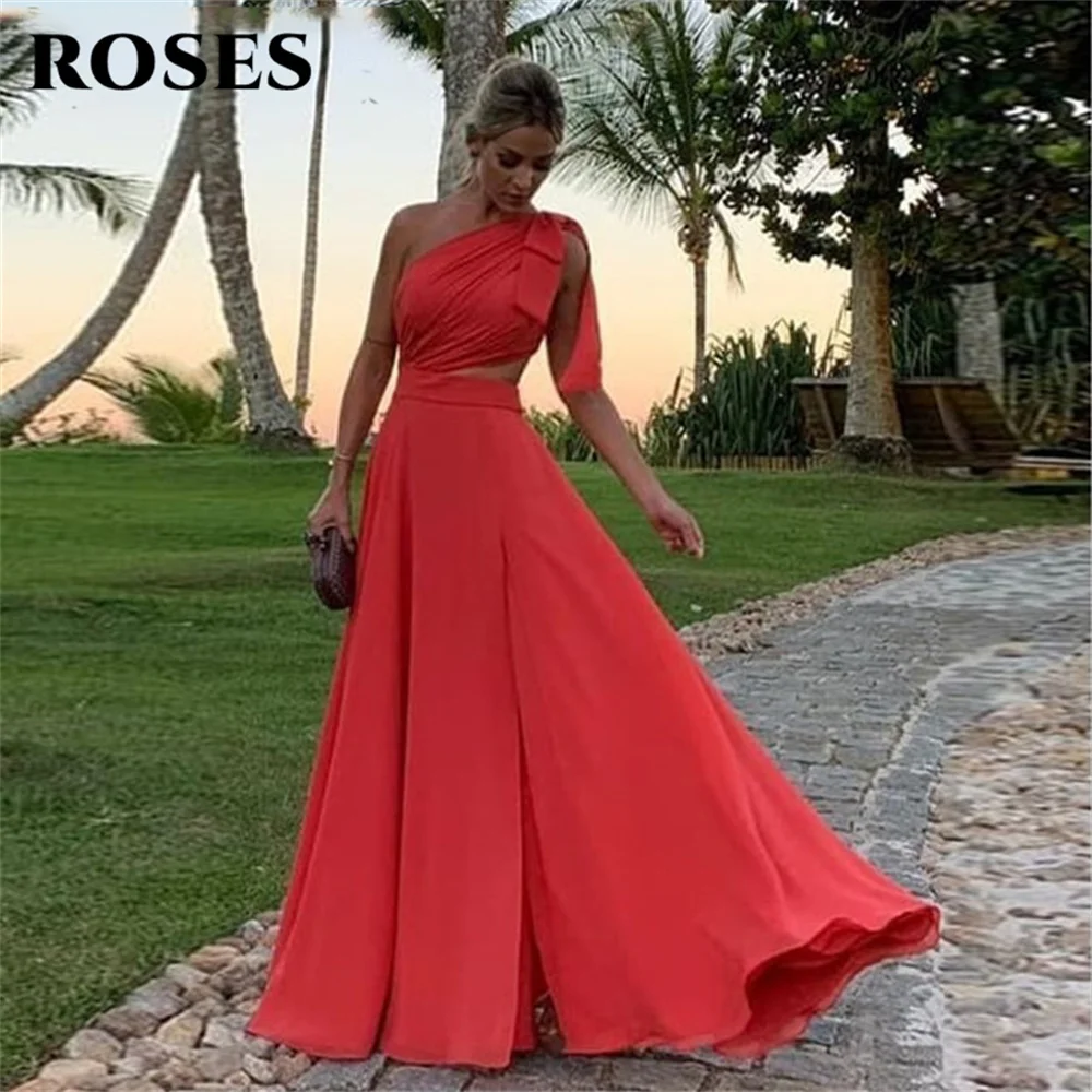 Top Trends: Flowing Chiffon Prom Gown A Line فساتين الس Prom Dress One Shoulder Red Long Evening Dress Wedding Party Gowns Vestido De Festa Shoppable Styles