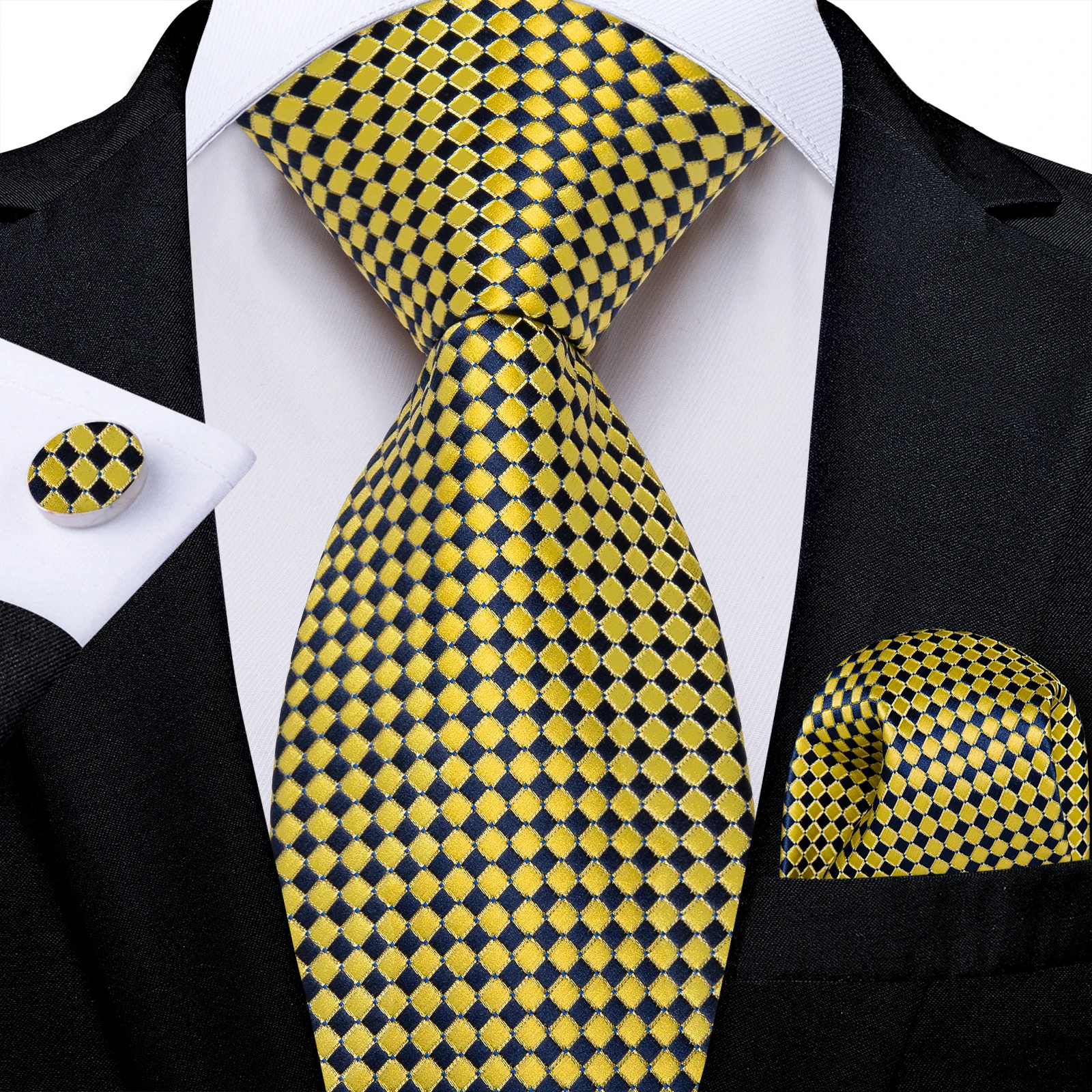 Top Trends: 2023 Luxury Yellow Black Plaid Dot Silk Ties For Men 8cm Wedding Party Groom Accessories Necktie Handkerchief Cufflinks Gift Shoppable Styles