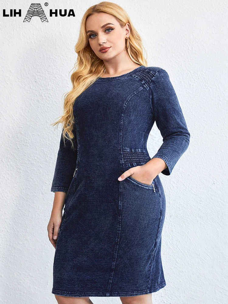 Top Trends: LIH HUA Women's Plus Size Denim Dress Autumn Chic Elegant Dresses For Chubby Women Cotton Knitted Round Neck Dress Shoppable Styles