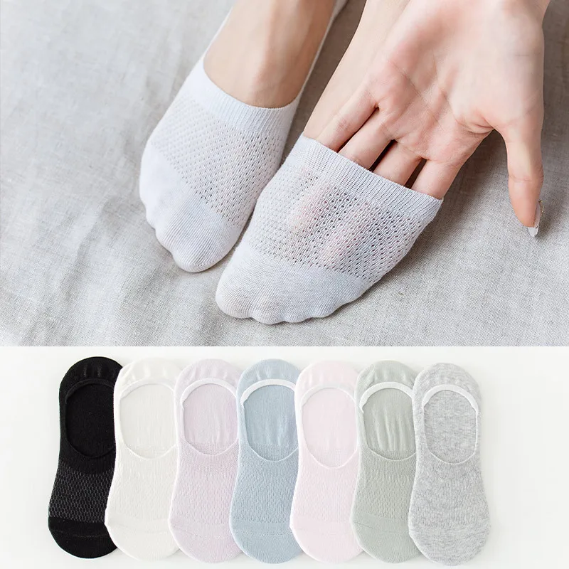 Top Trends: 5 Pairs / Lot Women Silicone Non-slip Invisible White Summer Solid Color Mesh Low Cut Boat Socks Female Cotton No Show Slipper Sox Shoppable Styles