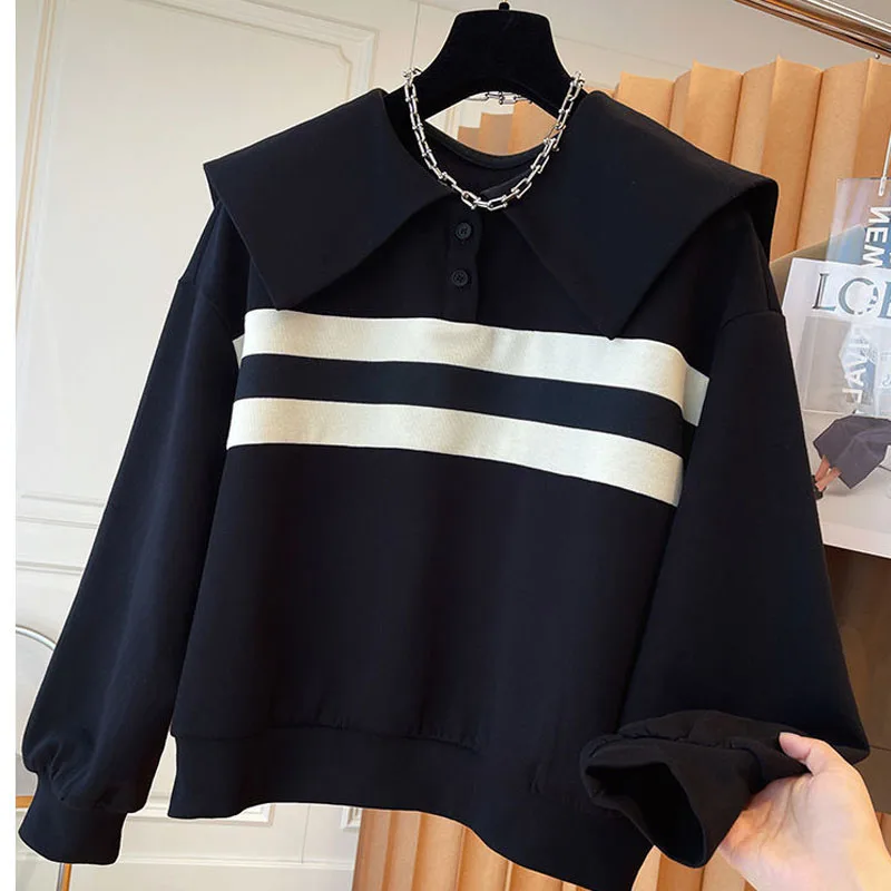 Top Trends: New Autumn / Winter Fashion Korean Edition Doll Polo With Thickened Design And Contrast Color Loose Large Sleeve Women&#039;s Sweater Shoppable Styles