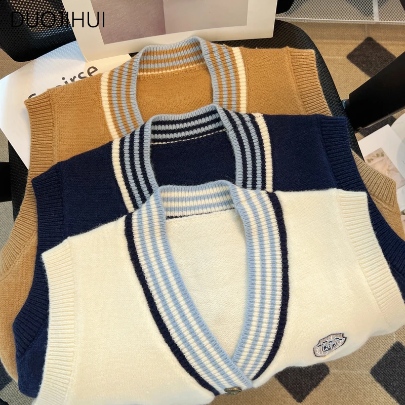 Top Trends: DUOJIHUI Preppy Style Spell Color Chicly Cardigan Female Sweater Vest New Vintage Basic V-neck Fashion Button Women Sweater Vest Shoppable Styles - Image 4