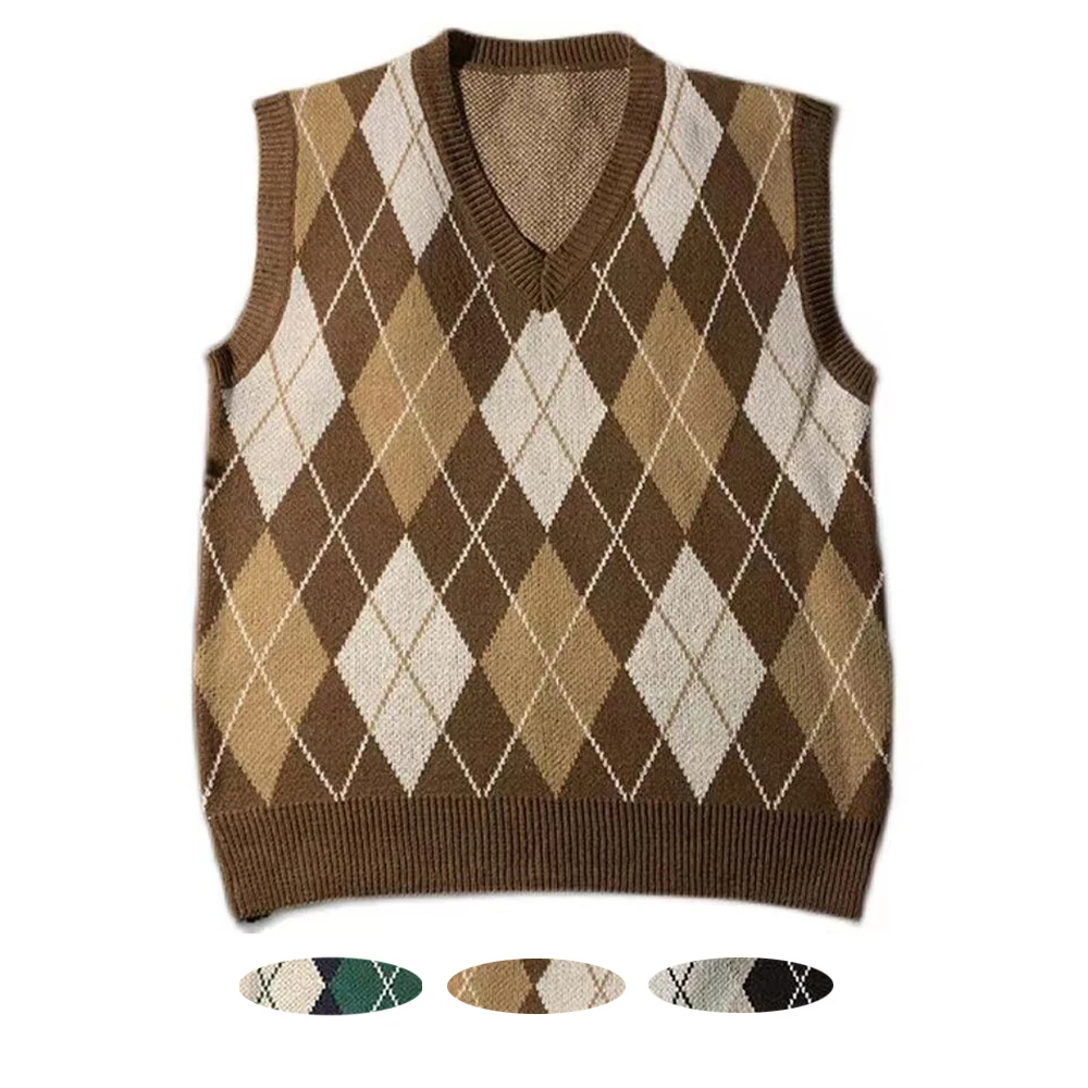 Top Trends: Retro Argyle Plaid Pattern Knitwear V Neck Women Knitted Waistcoat Sleeveless Sweater Vest For Men Purple Green Brown Grey Shoppable Styles