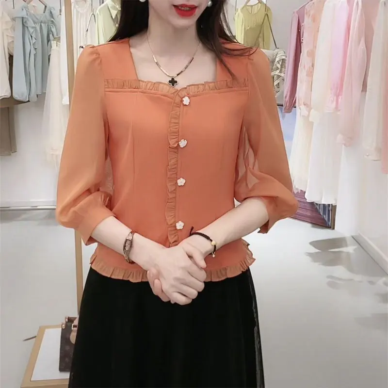 Top Trends: Spring Summer Elegant Square Collar Shirt Stylish Edible Tree Fungus Patchwork Female Clothing Button Casual 3 / 4 Sleeve Blouse Shoppable Styles