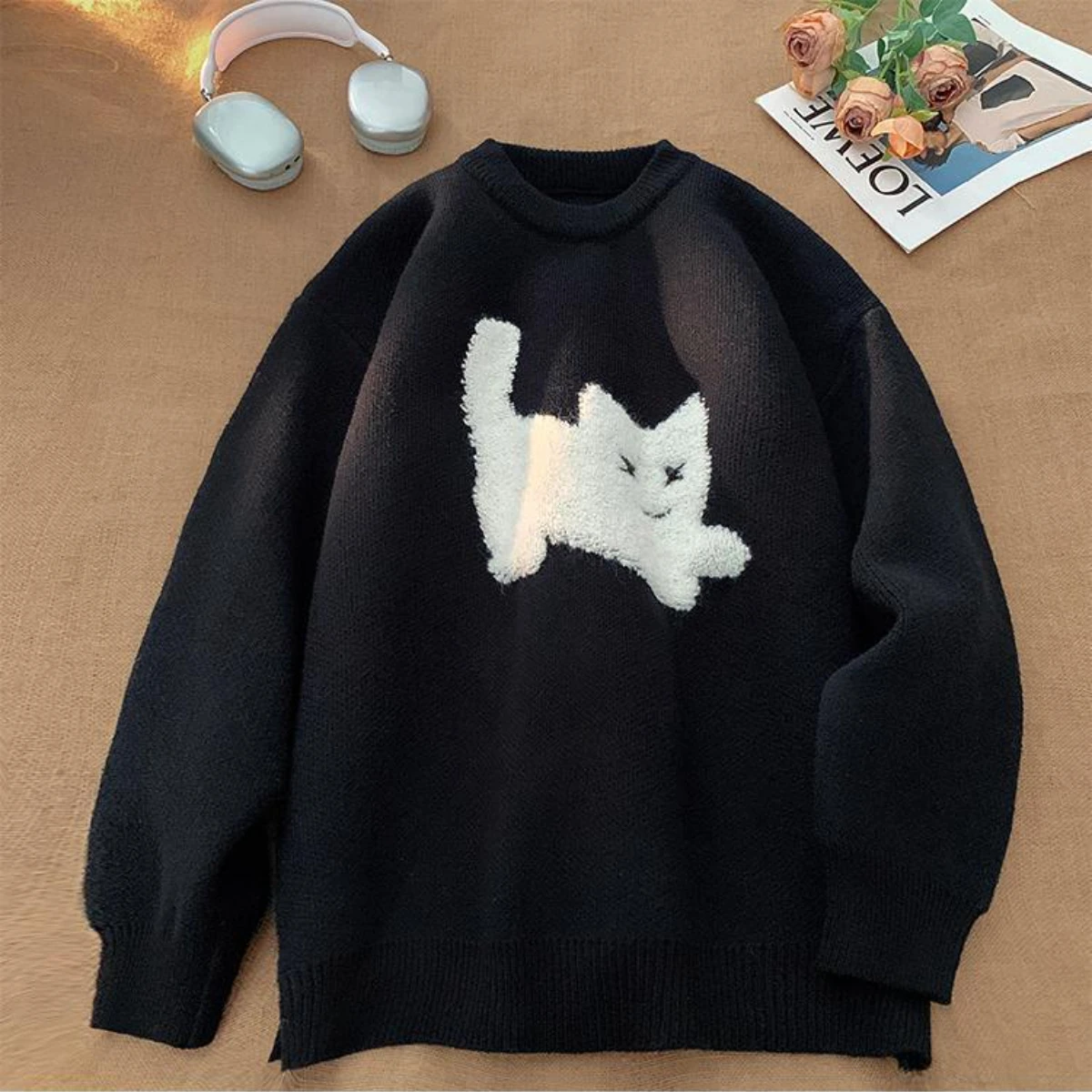 Top Trends: Fashion Korean Vintage Cute Cat Print Women Hoodie Spring Winter Y2K Warm Couple Street Hip Hop Loose Long Sleeve Hoodie Shoppable Styles - Image 2