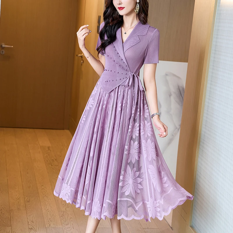 Top Trends: Female Green Print Patchwork Midi Pleated Dress Summer Short Sleeve V-Neck Elegant Dress 2024 Black Korean Vintage Dress Shoppable Styles