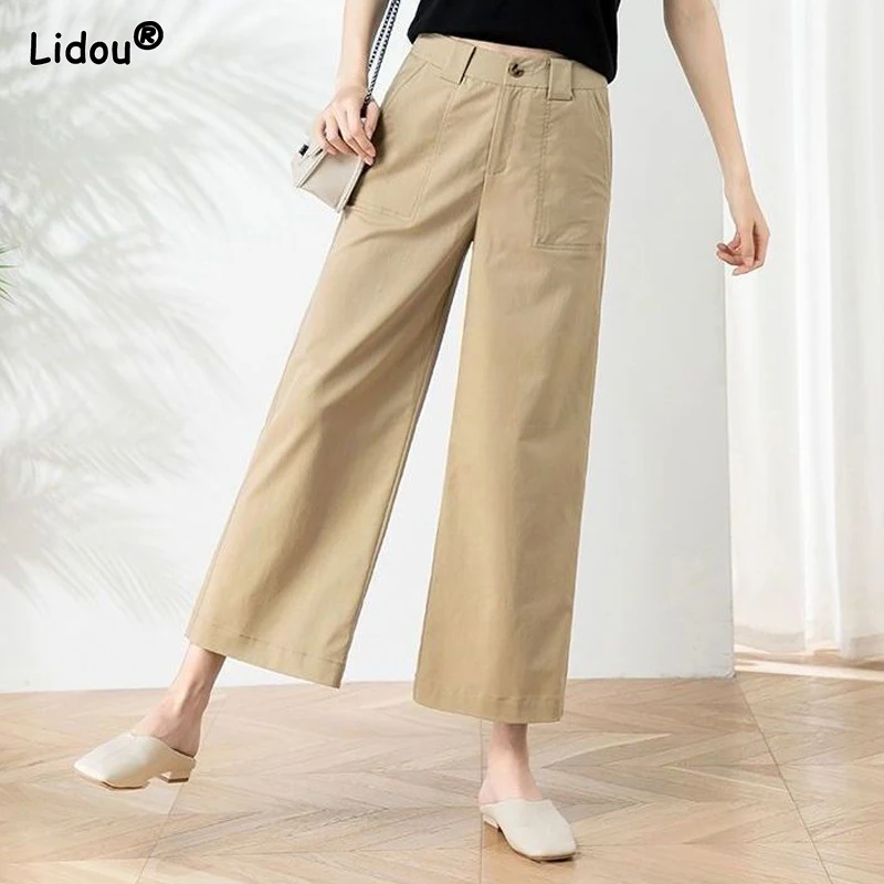 Top Trends: Straight Pockets Zippers Button Solid Fashion Casual Loose High Waist Simplicity Wide Leg Calf-length Pants Women's Clothing Shoppable Styles