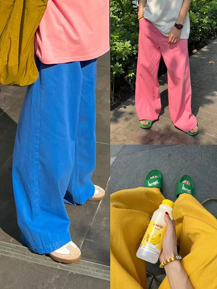 Top Trends: 2023 American Spring / Summer Colorful Wide Leg Jeans For Men Pink Blue Loose Straight Leg Casual Pants For Men Women Streetwear Shoppable Styles