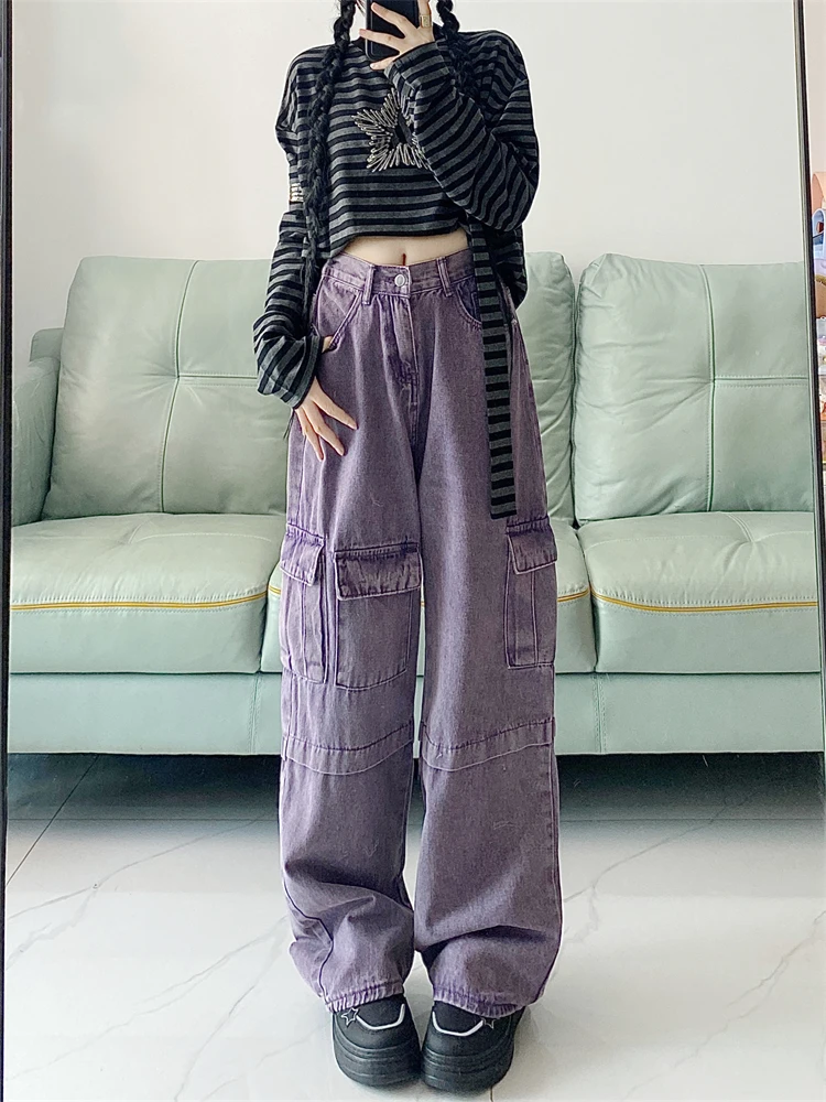 Top Trends: Women's Multi Pocket Design Wide Leg Purple Jeans Vintage American Style Casual Pants Female High Waist Straight Denim Trousers Shoppable Styles