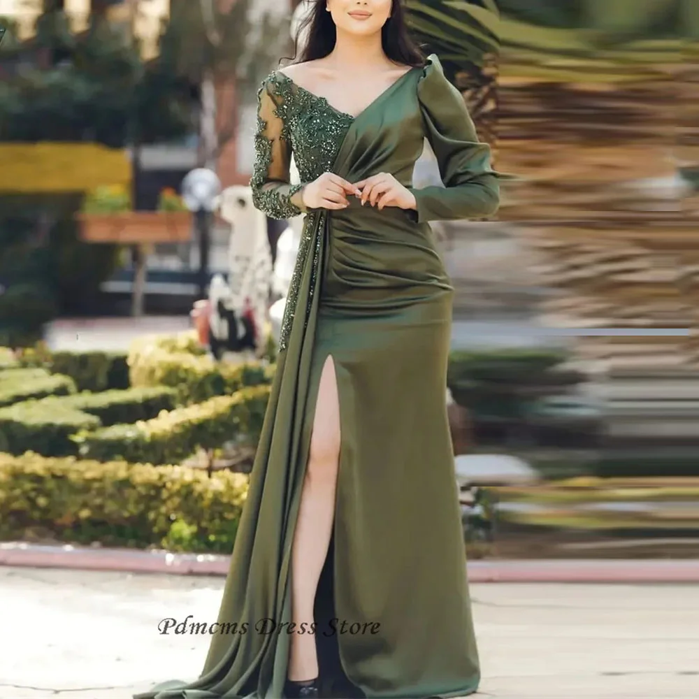 Top Trends: PDMCMS Olive Green Satin A Line Evening Prom Dresses V Neck Appliques Beading Party Gowns Dubai Slit Floor Length Graceful Dress Shoppable Styles