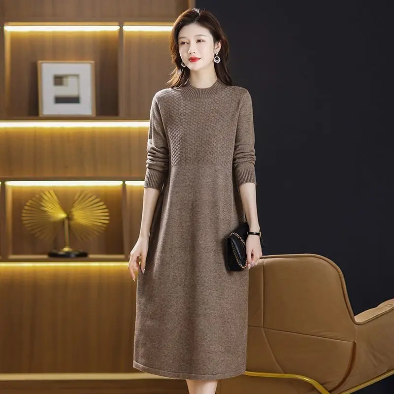 Top Trends: Fashion Women Knitting Dress Long Sweater For Autumn Winter 2023 New Solid Patchwork Half High Collar Pullover Oversize Dresses Shoppable Styles