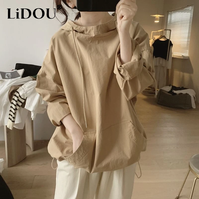 Top Trends: 2023 Spring Autumn New Solid Color Fashion Long Sleeve Hoodies Women High Street Casual Drawstring Pockets All-match Pullovers Shoppable Styles