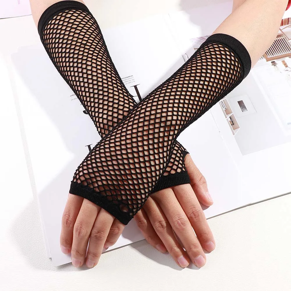 Top Trends: 1 Pair Sexy Women Party Neon Fishnet Fingerless Long Gloves Sun Protection Sleeves Mesh Lace Thin Gloves Summer Arm Warmer Shoppable Styles