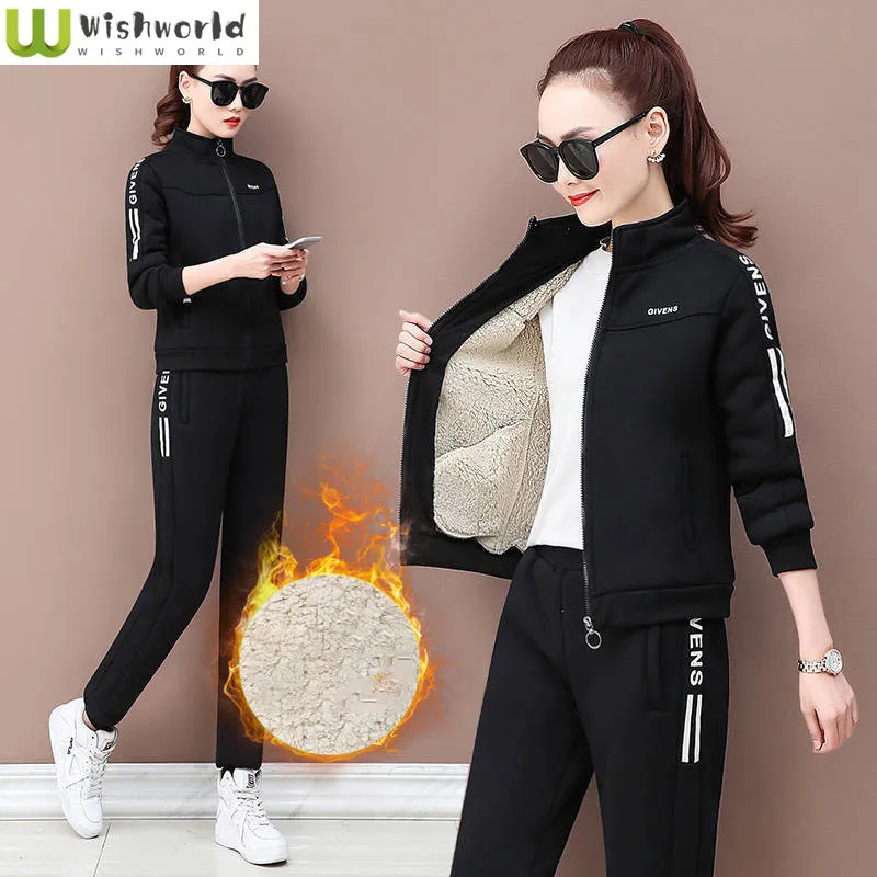 Top Trends: Thickened Lamb Fleece Hoodie Jacket Casual Wide Leg Pants Two Piece Elegant Women&#039;s Pants Set Student Winter Outfits Shoppable Styles