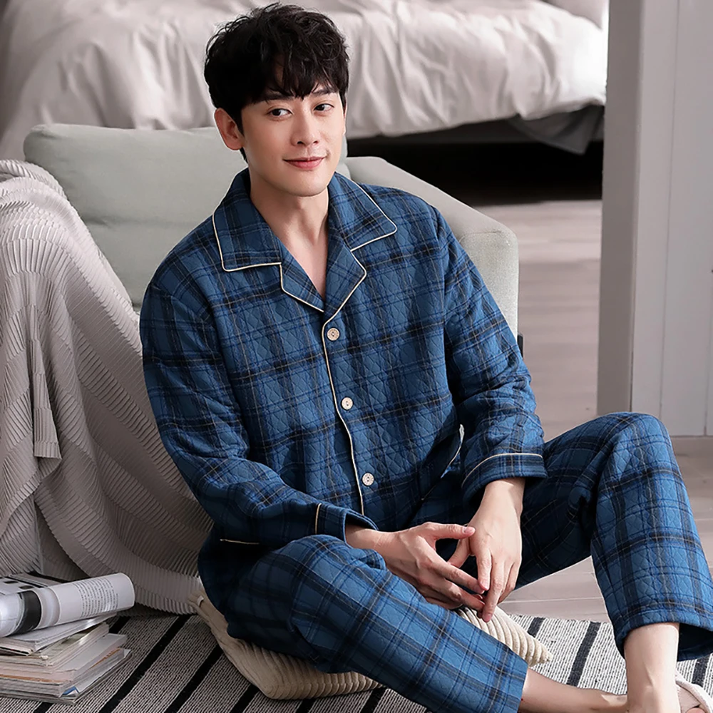 Top Trends: Autumn Winter Air Cotton Thicken Pajamas For Men Warm Quilted Plaid Pijama Hombre Set Male Comfortable Soft Buttons Pyjama Homme Shoppable Styles