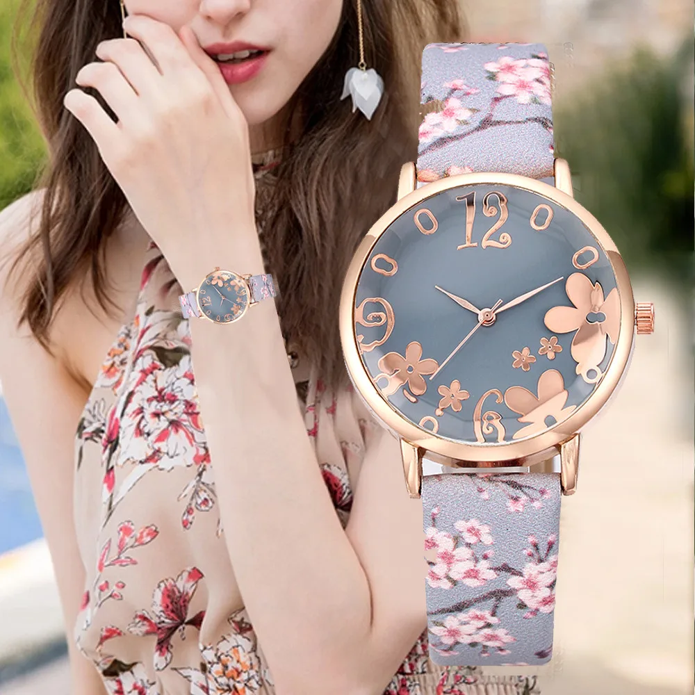 Top Trends: Girl Luxury Watch Women New Fashion Embossed Flowers Small Fresh Printed Belt Dial Watch Female Student Quartz Watch Relogio Shoppable Styles