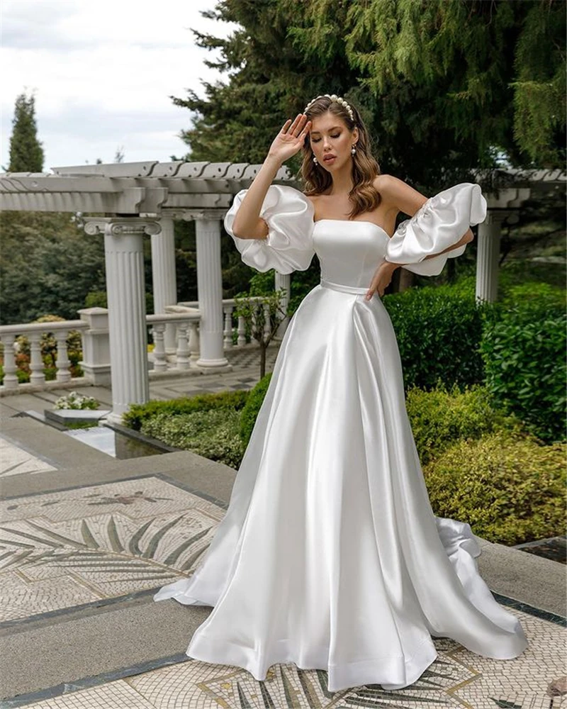 Top Trends: Removable Puff Sleeve Satin Wedding Dress High Slit Side A-line Simple Custom Made Plus Size Bridal Dress With Court Train 2022 Shoppable Styles