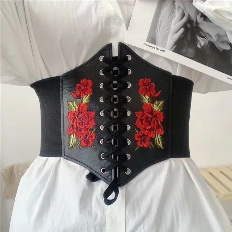 Top Trends: Women's Corset Belt Gothic Fashion PU Flower Embroidery Cummerbunds Female Slimming Waist Band Vintage Black Wide Belt For Girl Shoppable Styles - Image 2