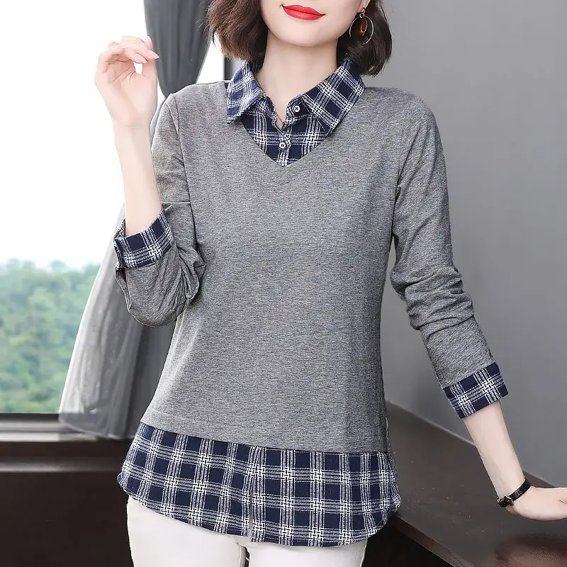 Top Trends: Women's Clothing T-shirt Polo-Neck Long Sleeve Spring Autumn Fake Two Pieces Office Lady Elegant Plaid Button Spliced Pullovers Shoppable Styles