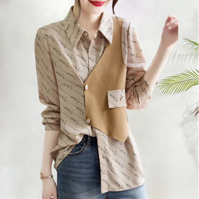 Top Trends: Commute Stylish Patchwork Asymmetrical Blouse Women&#039;s Clothing Casual Letter Printed 2023 Spring Autumn Korean Long Sleeve Shirt Shoppable Styles