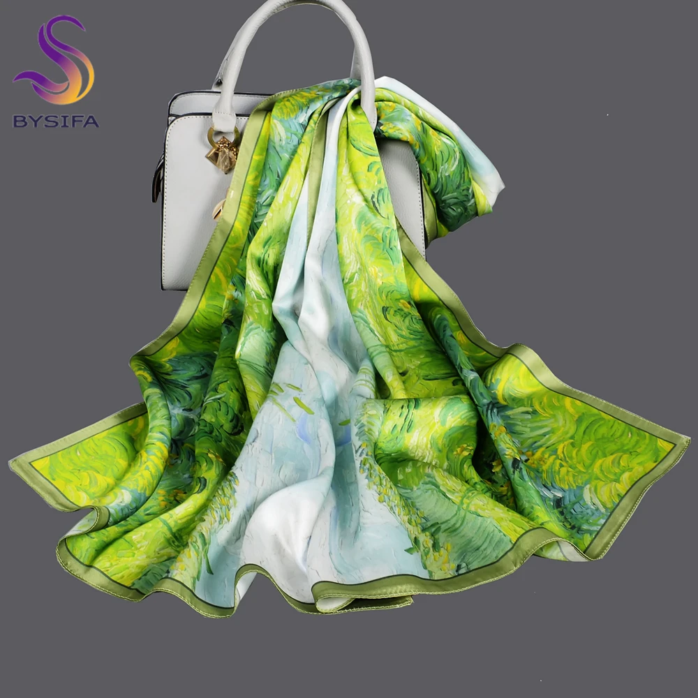 Top Trends: BYSIFABrand Blue Green Silk Scarf Bufanda Women's Fashion New Green Field Design Pure100% Silk Scarf Shawl Echarpe 170*53cm Shoppable Styles