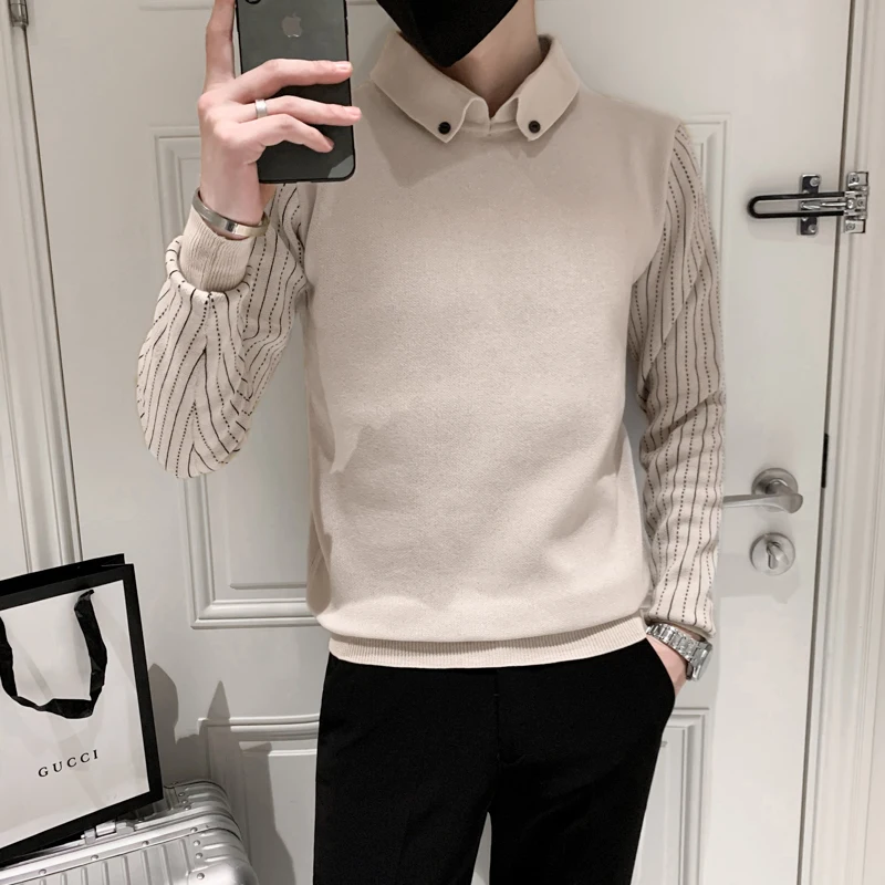 Top Trends: Fake 2 Pieces Shirt Collar Knit Sweater / Male Slim Fit British Style Fashion Casual Pullover Men&#039;s Stripe Casual Sweater S-3XL Shoppable Styles