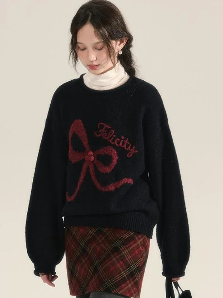 Top Trends: ADAgirl Embroidery Bow Graphic Knitted Sweater Women Black Crewneck Pullover Vintage Long Sleeve Winter Christmas Clothes Chic Shoppable Styles