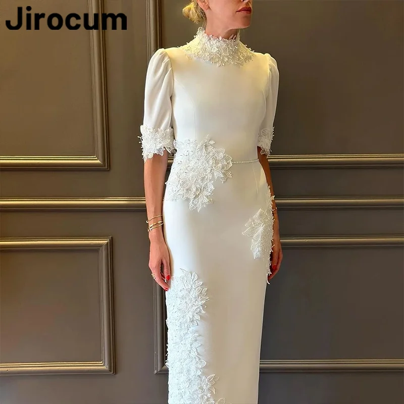 Top Trends: Jirocum Lace Appliqué Half Sleeve Prom Gowns Women's High Neck Pearl Evening Gown Ankle Length Wedding Formal Occasion Dress Shoppable Styles