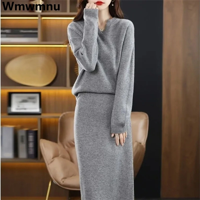 Top Trends: Loose Sweater Skirt 2 Piece Sets V-neck Knitted Tops And Korean Long Skirts Conjuntos Oversize 4xl Fall Winter Faldas Outfits Shoppable Styles