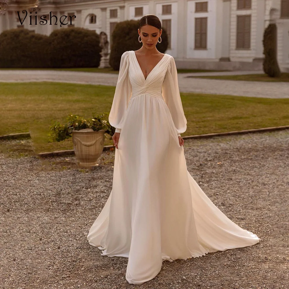 Top Trends: Viisher Ivory Chiffon Wedding Dresses For Bride Long Sleeve V Neck A Line Bridal Gown Backless Simple Civil Wedding Dress 2024 Shoppable Styles