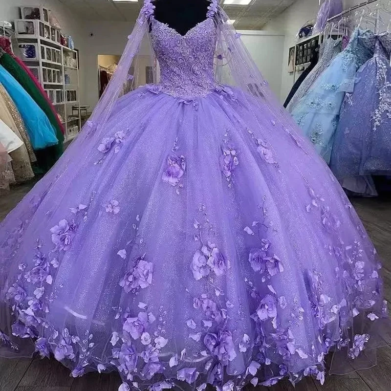 Top Trends: Lavender Ball Gown Quinceanera Dresses With Cape 15 Party 3D Flower Cinderella 16 Princess Gowns With Wrap Shoppable Styles