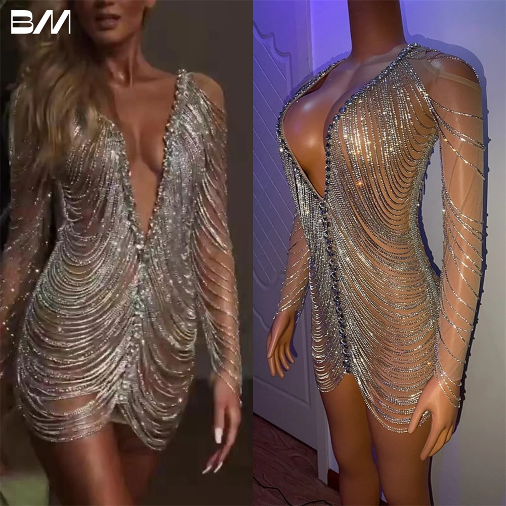 Top Trends: Sexy Bodycon Silver Chain Evening Dress Long Sleeve Crystals Prom Dress Deep V Neck Cocktail Dresses Party Gown Shoppable Styles