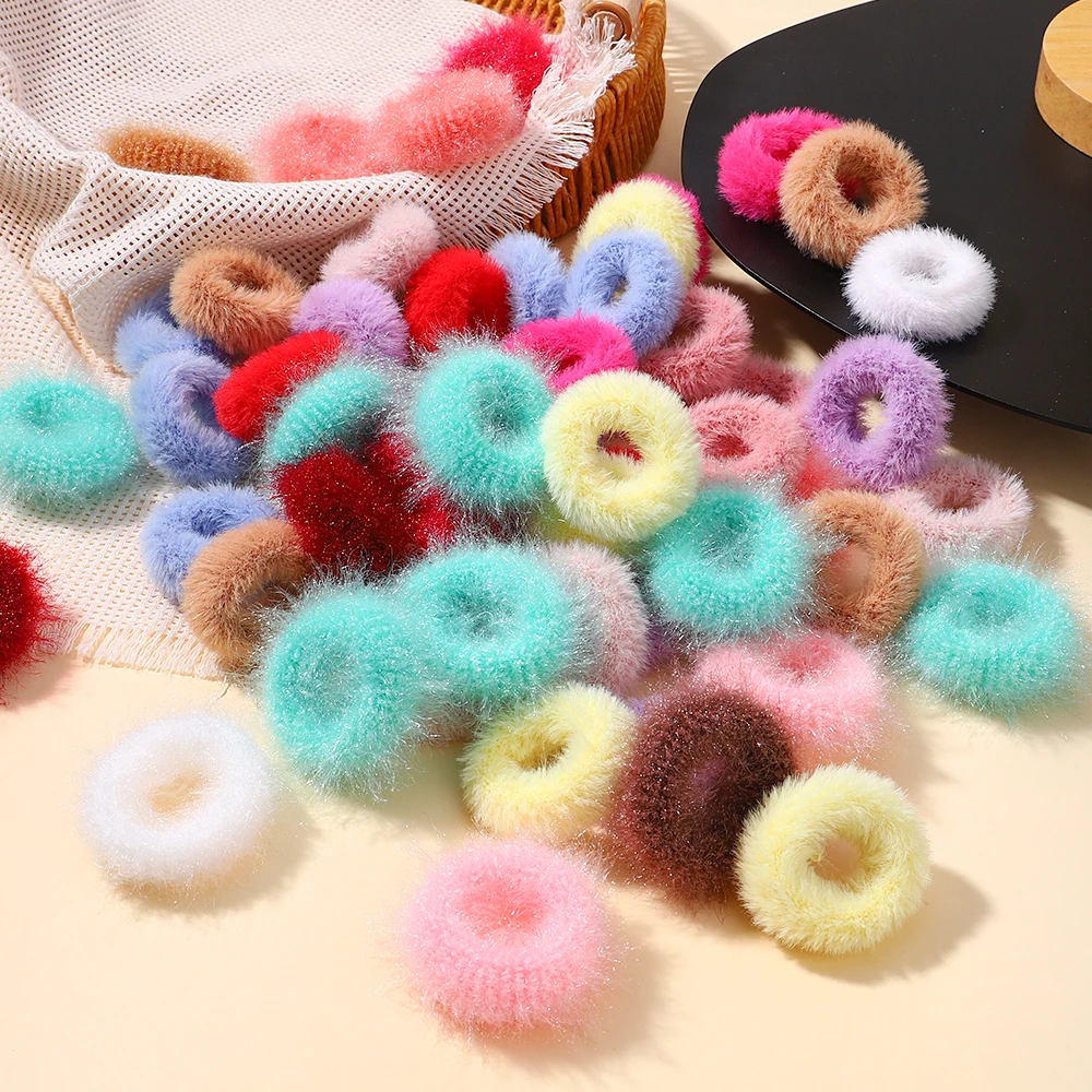 Top Trends: 5pcs / bag Girls Mini Colorful Plush Hair Ring Fat Intestine Ring Baby Cute Hairy Head Rope Furry Rubber Band Hair Accessories Shoppable Styles