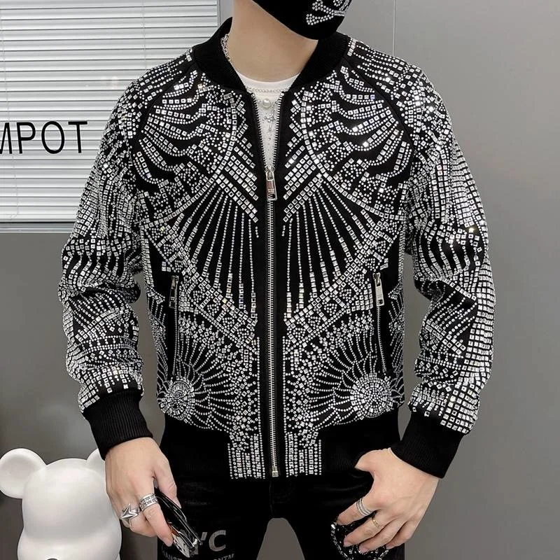 Top Trends: European Luxury Brand Retro Jacket Men Jaqueta Bomber Diamond Men Jacket Coat Fashion Rhinestones Punk Club Outfit Slim Jacket Shoppable Styles