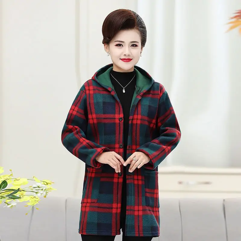 Top Trends: Mom Outfit Autumn And Winter New Hooded Trench Plaid Button Pockets Fleece For Warmth Larger Size Mid-length Long Sleeves Coat Shoppable Styles